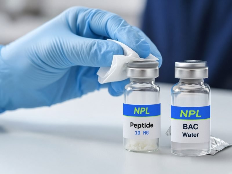 A gloved hand wipes the rubber stopper of a peptide vial with an alcohol pad, with a vial of BAC water beside it
