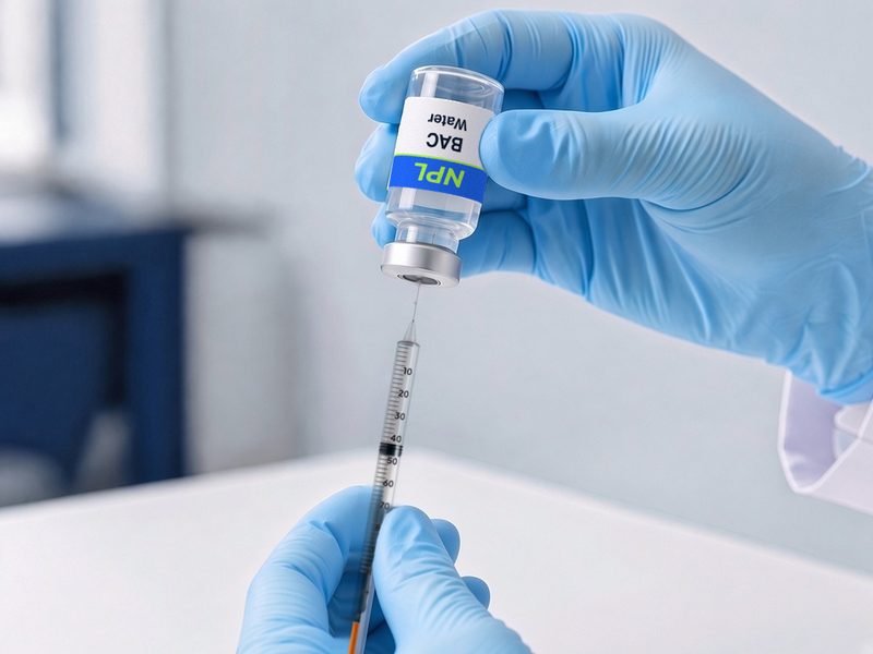 A syringe draws clear liquid from an upside-down vial labeled BAC Water