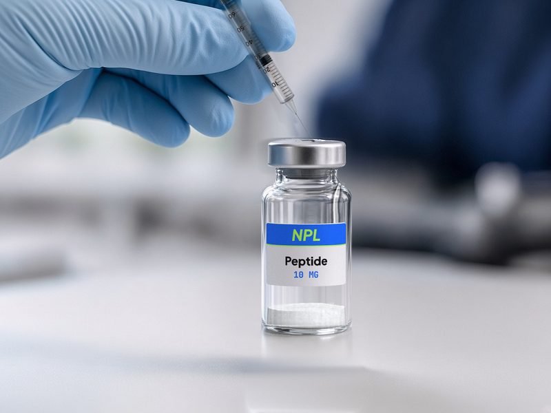 A syringe needle points at the inside wall of a glass vial, above the powder at the bottom