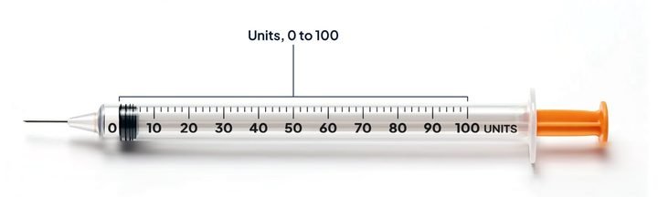 Side-view diagram of a 1 mL U-100 insulin syringe with a bracket spanning its scale from 0 to 100 units