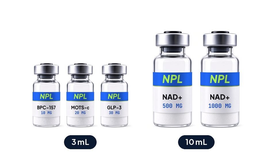 Five clear glass vials in two groups. Three 3 mL vials are labeled BPC-157 10 mg, MOTS-c 20 mg, and GLP-3 30 mg. Two larger 10 mL vials are labeled NAD+ 500 mg and NAD+ 1000 mg. In each group, every vial has the same white cake of powder at the bottom, even though the labels show different amounts.